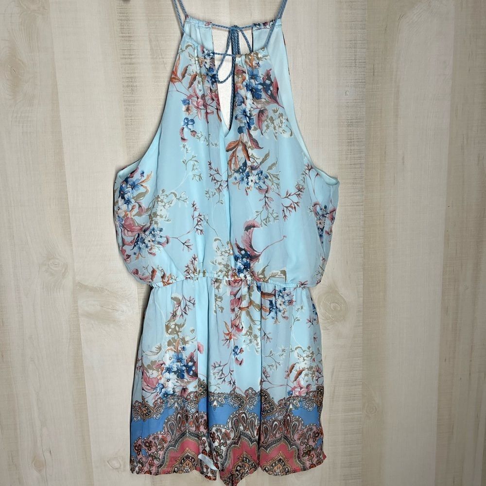 Blue rain shorts romper, light blue with‎ floral, spaghetti straps, size medium